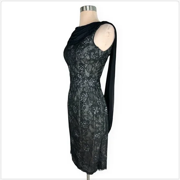 Vintage Black Lace Sequin Floral Draped Scarf Wiggle Sheath Dress Retro 36"  Bust